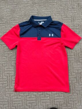 Under Armour Red and Navy Boys' Colorblock Polo size Medium